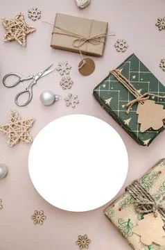 Christmas composition. Vertical flat lay composition with Christmas decor. Stock Photos