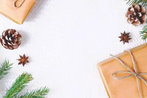 Christmas composition on white knitted background. Stock Photos