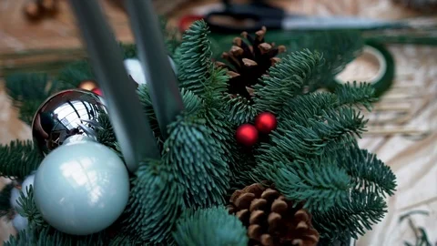 Christmas composition in wicker basket on light wooden surface table, close-up Stock-Footage 89240148