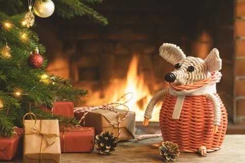 Christmas composition - a wicker white mouse - symbol of 2020 according to Ch Stock Photos