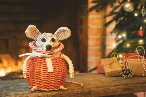 Christmas composition - a wicker white mouse - symbol of 2020 according to Ch Stock Photos
