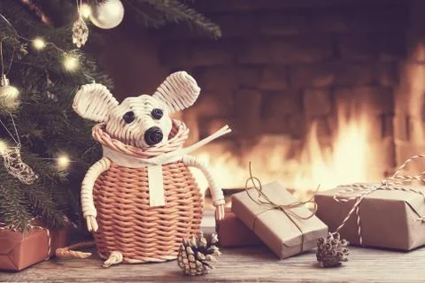 Christmas composition - a wicker white mouse - symbol of 2020 according to Ch Stock Photos
