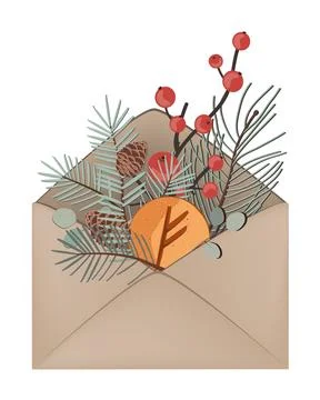 Christmas composition of winter branches and Fehu rune cookie in an envelope. Stock Illustration