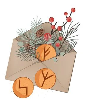 Christmas composition of winter branches and Fehu, Sowilo, and Algiz rune c.. Stock Illustration