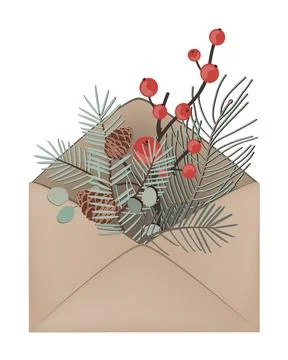 Christmas composition of winter branches in an envelope. Vector isolated illu Stock Illustration