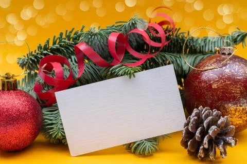 Christmas composition on yellow background. Stock Photos