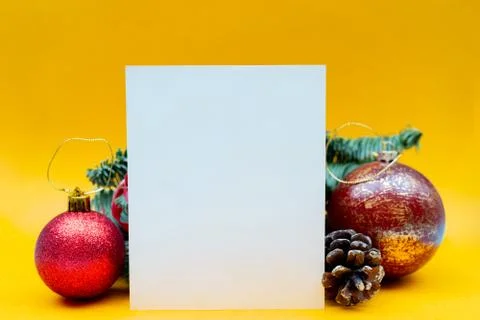 Christmas composition on yellow background. Stock Photos
