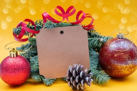 Christmas composition on yellow background. Stock Photos