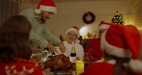 Christmas concept of 4k Resolution. Russian family eating together on holiday Stock Footage 257570463