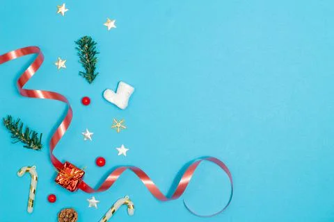 Christmas concept, Composition of decorations christmas with red ribbon on li Stock Photos