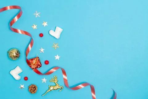 Christmas concept, Composition of decorations christmas with red ribbon on li Stock Photos