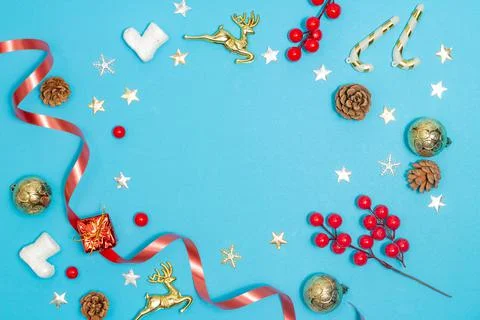 Christmas concept, Composition of decorations christmas with red ribbon on li Stock Photos