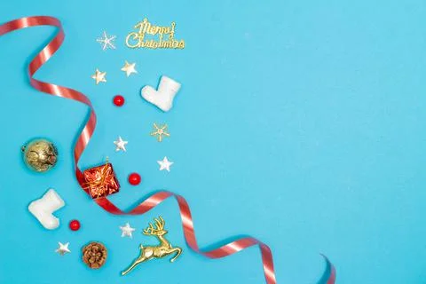 Christmas concept, Composition of decorations christmas with red ribbon on li Stock Photos