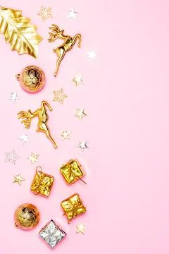 Christmas concept, Composition of decorations christmas festive on pink backg Stock Photos