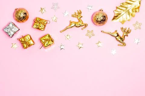 Christmas concept, Composition of decorations christmas festive on pink backg Stock-Fotos