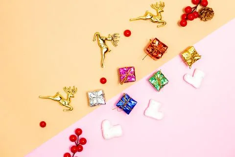 Christmas concept, Composition of decorations christmas festive on pink and c Stock Photos