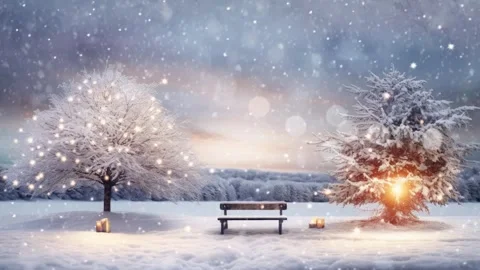 Christmas concept decorations with a snowman surrounded by snowfall Stock Footage 249748446