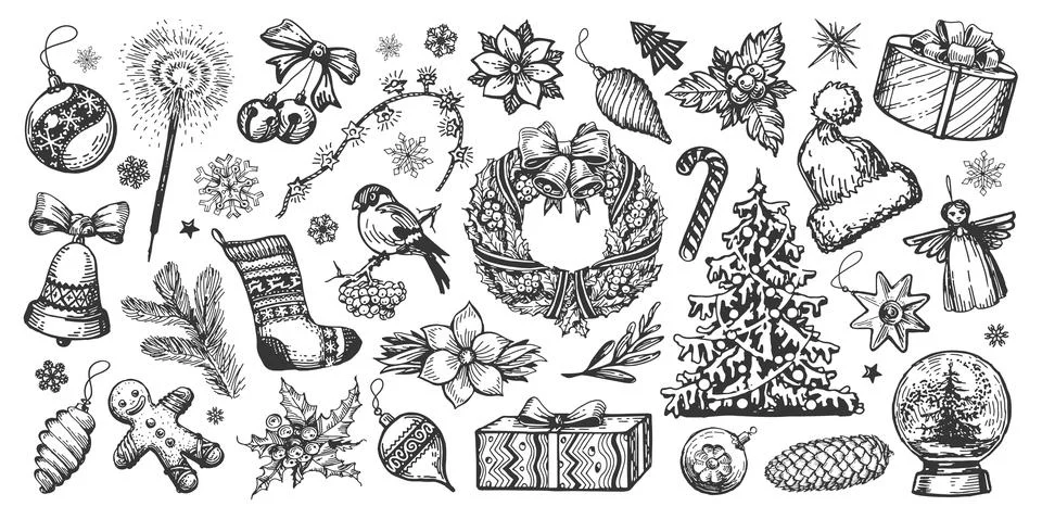 Christmas concept. Design elements hand drawn in sketch vintage style. Holiday Stock Illustration