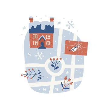 Christmas concept with a map of the winter town. Landscape with house, berry and Ilustración de archivo