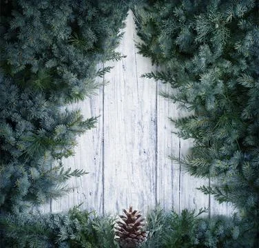 Christmas Concept - Tree Minimal Shape - Fir Branches On Wooden Snowy Background Stock Photos