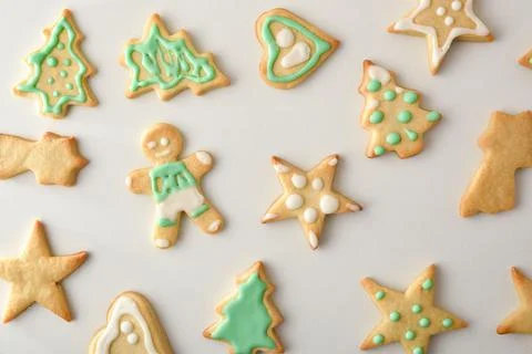 Christmas cookie assortment pattern decorated on white table top view 写真素材