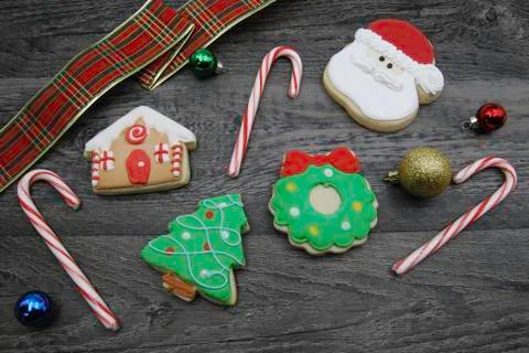 Christmas cookie flat lay with candy canes and decorations Stock Photos