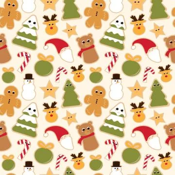 Christmas cookies seamless pattern on light yellow background for wrapping pa Stock Illustration