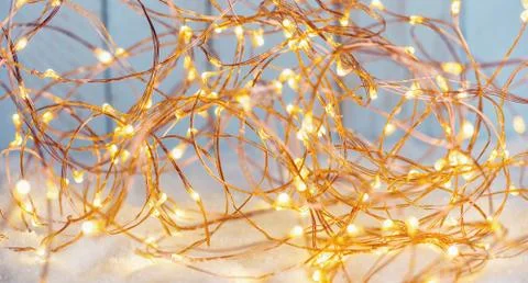 Christmas Copper Wire String LED Lights background Stock Photos