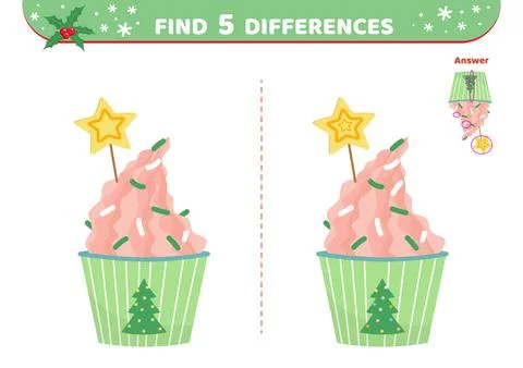 Christmas cupcake. Find 5 differences. Game. Flat, cartoon, vector Stock Illustration