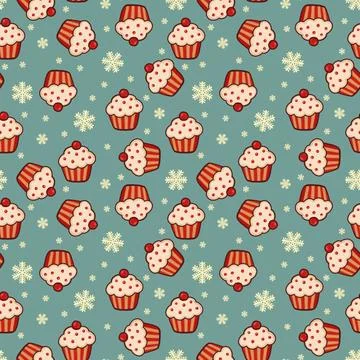 Christmas Cupcake Seamless Pattern With Snowflakes on Blue Background Stock Illustration