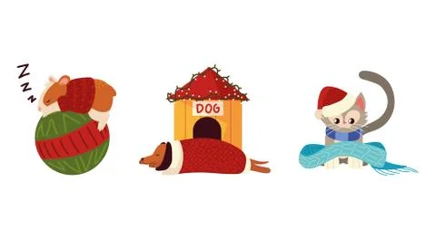 Christmas cute animals include hamster dog cat with sweater and scarf Stock Illustration