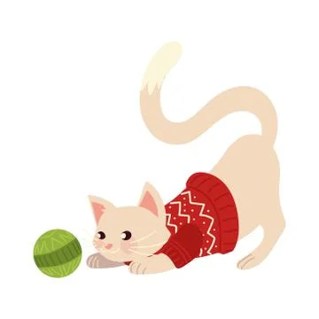 Cute Cat Playing Yarn Ball Cartoon Vector Icon Illustration (2