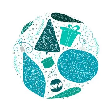 Christmas cute hand drawn objects: christmas tree, balls, branches, gifts. Illustrazione stock