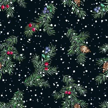 Christmas dark pattern with fir tree branch and snow Stock Illustration