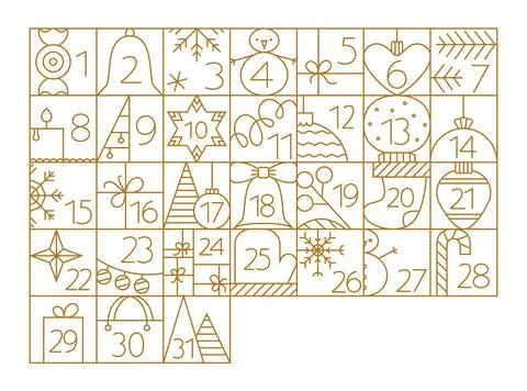 Christmas December Advent Calendar elements with cute line illustrations Stock Illustration