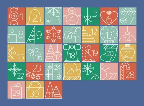 Christmas December Advent Calendar elements with simple line illustrations. Cute Stock Illustration