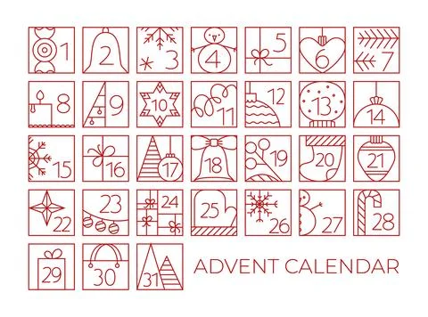 Christmas December Advent Calendar elements with cute line illustrations Stock Illustration