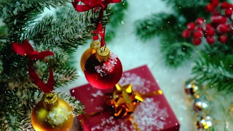 Christmas decor and falling snow. Selective focus. Stock Footage 165035402
