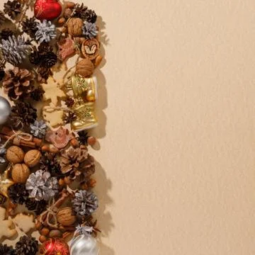 Christmas decor with copy space. Flat lay. Toys cones and New Year attributes Stock Photos