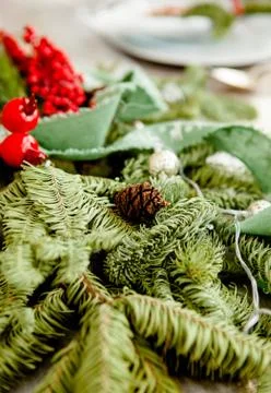 Christmas decor elements in the form of berries on a fir branch Stock Photos