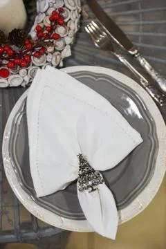 Christmas decor Festive table setting. New Year's floral arrangement Stock Photos