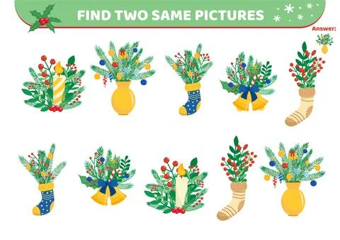 Christmas decor. Find two same pictures. Game for children. Flat, cartoon Stock Illustration