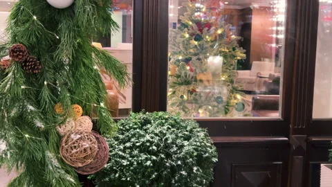 Christmas decor in the form of coniferous branches and electric garlands  Video stock 295813305