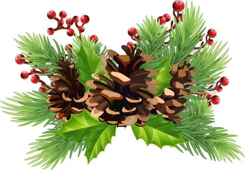 Christmas decor with green pine branches, pine cones, balls, mistletoe, red.. Stock-Illustration