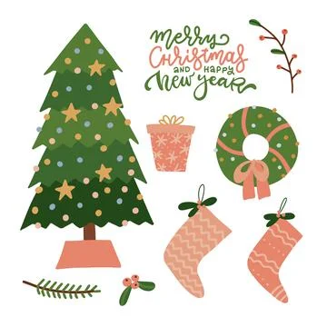 Christmas decor objects set. Happy New Year collection. Cute elements of holiday Stock Illustration
