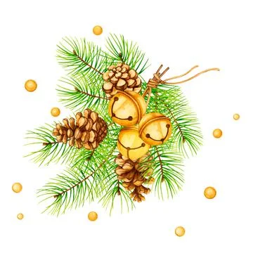 Christmas decor from pine branches, cones and bells. Stock Illustration