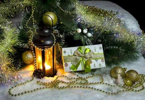 Christmas decor pine branches decorated and a  vintage lantern Stock Photos