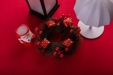 Christmas decor on red background Stock Photos
