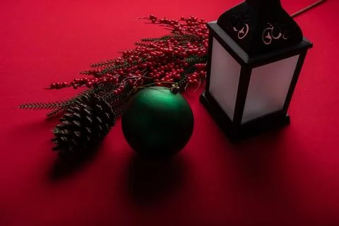 Christmas decor on red background Stock Photos