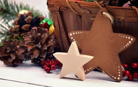Christmas decor in a rustic style. Star handmade. Close-up. Gifts. Stock Photos